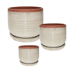 Комплект/3 кръгли бежови саксии на раира с чинии - размер: Φ21.5x19, м: Φ28x24, д: Φ35.5x30.5см 63/pal
