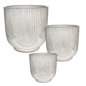 Set/3 round clay pots with curved lines - w: Φ24.5x24.5, m: Φ31x30.5, d: Φ41x40.5 cm 30/pack