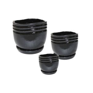 Комплект/3 черни кръгли глинени цветя с чинийки - р: Φ14x14, м: Φ19.5x18.5, д: Φ24x23.5 см 2/кутия