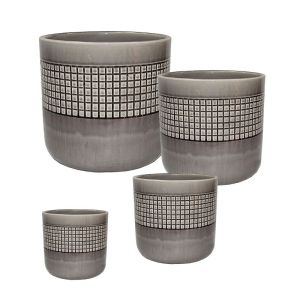 Комплект/4 сиви глинени саксии с геометрикен модел - S:φ15.5x13.5, M:φ20.5x18.8, L:φ26x23.5, Xl:φ30.5x28.5 см 1/кутия