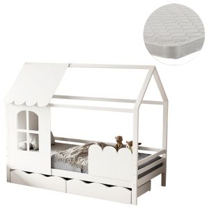 Легло с матрак Domer Hm21319 борова дървесина в бяло - матрак 90x190см