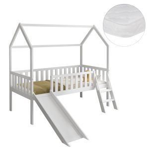 Легло с пързалка Phyllis Hm21310.01 борова дървесина в бяло - с матрак 90x190см