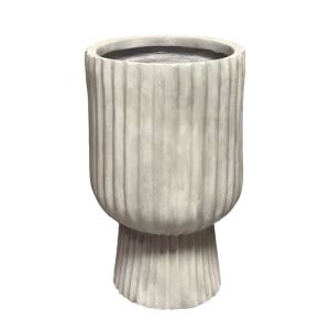 Light cement beige cylindrical flower pot with vertical lines and base, large - Φ35x56cm