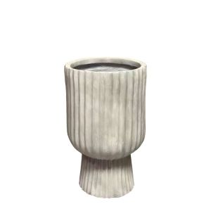 Light cement beige cylindrical flower pot with vertical lines and medium base - Φ25x40cm