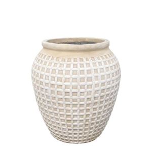 Малка саксия, изработена от лек кремообразен цимент с изработен модел с мрежа - Φ53x58см
