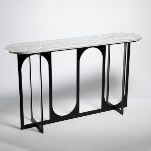 Метална конзола, черна с метален сив плоч, 140x34x79.5 см