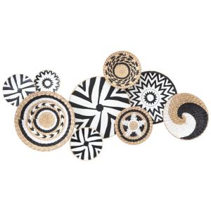 Метално-ракитен покрив за стена, златист/черен/бял/кафяв, кръгове, бохо стил - 107.3x57.8x8.9см 4/kib