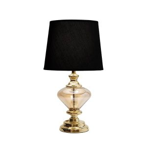 Table lamp with linen shade, black glass - metallic gold 25x25x46cm