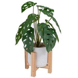 PLASTIC PLANT IN A POT ON WOODEN LEGS 32 H 14X14X11 CM