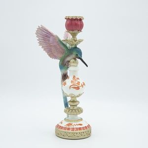 Candlestick decorative bird figure polyresin white - pink - green 13x14x32cm