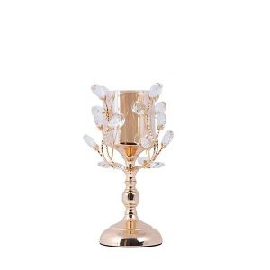 Candlestick with crystal details, metal base, golden - amber red, 10x24cm