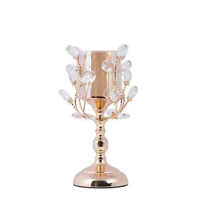 Candlestick with crystal details, metal base, golden - amber red, 10x31cm