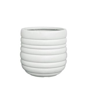 Средна саксия, изработена от лек цимент, бяла, кръгла с линии - Φ42x40см
