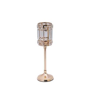 Glass candlestick with crystal details, metal base, golden - white - transparent glass 11x30cm