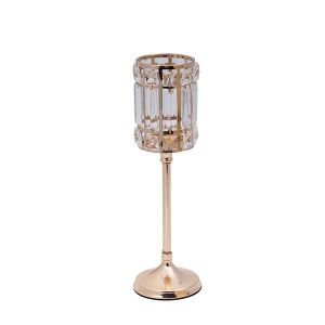 Glass candlestick with crystal details, metal base, golden - white - transparent glass 11x36cm