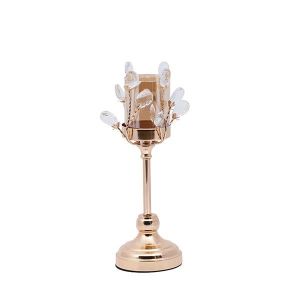 Glass candlestick with crystal details, metal base, golden-white-amber glass 10x32cm
