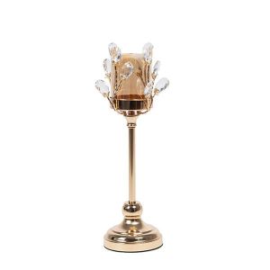 Glass candlestick with crystal details, metal base, golden-white-amber glass 12x40cm