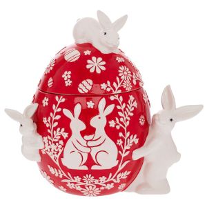 RED CERAMIC EGG-SHAPED COOKIE JAR WITH RABBITS 25X20X30 CM
