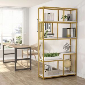Denver библиотека-рафт със златна метална рамка и бяло мраморно покритие 100x30x180см