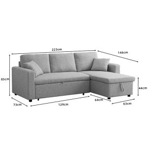Kamore corner sofa bed with storage, gray, fabric 223x146x85cm