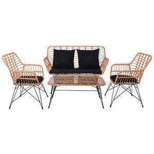 Salsa Max 4-piece garden furniture set, black metal frame, natural wicker rattan, black cushionsε285,s
