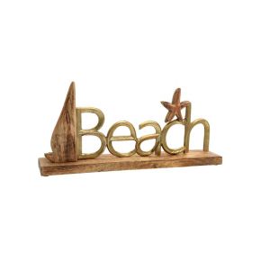 Aluminum decorative beach plate 2392 with wooden base, golden color, 40x5x19cm