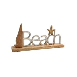 Aluminum decorative beach plate 2392 with wooden base silver color 40x5x19cm