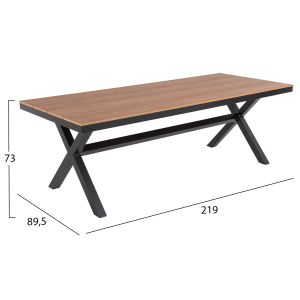 Aluminum rectangular table Tawnee Hm6039.01 Anthracite-polywood in natural wood color 219.5x89.5x73cm Hm6039