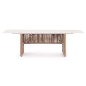 Aluminum dining table Ethereal Destiny Zen for garden Sm6167 top sintered stone ivory - beige braided rope 240x100x73.5 in cm.
