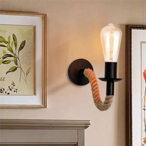 Wall lamp Kaniwel E27 metal and rope in black-natural color 28x10x10cm