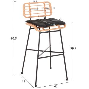 Бар стол Allegra от метал с възглавница в черно-с ратан в бежово 48x49x99,5hcm Hm5708,11