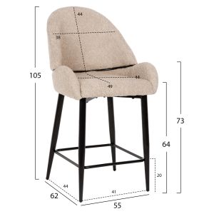 Bar stool Sarky boucle ecru and black metal legs Hm8586,02 55x62x105cm