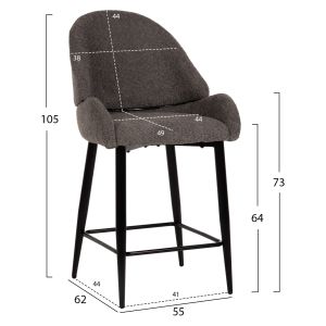 Bar stool Sarky gray bouclé and black metal legs Hm8586,01 55x62x105cm