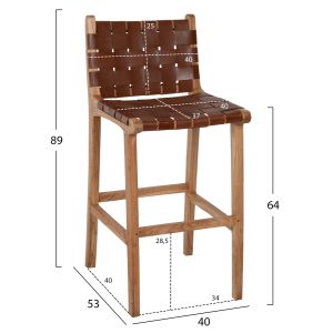 Bar stool solid mindi wood and genuine leather Hm9380,01 40x53x89