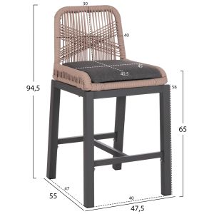 Bar stool medium height Howard Hm5791.21 aluminum in anthracite -- rope in beige 47.5x55x94.5in cm.