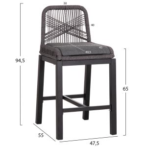 Bar stool medium height Howard Hm5791.23 aluminum in black - dark gray rope 47.5x55x94.5cm.