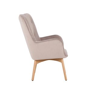 Beige plush armchair with wooden legs