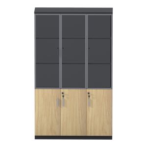 Библиотека Lotus със стъкло и дърво в естествен - тъмносив цвят 120x40x200см