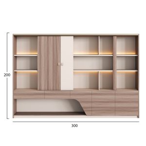 Bookcase Superon Hm2141 melamine in beige and natural wood-led lighting 300x40x200cm.