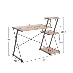 Black metal desk with oak-colored plywood top 116x48x89.5hcm Hm9317