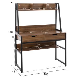 Desk with bookcase Hm2390,12 melamine in walnut; metal black frame 100x48x139hcm