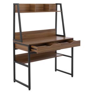 Desk with bookcase Hm2390,12 melamine in walnut; metal black frame 100x48x139hcm