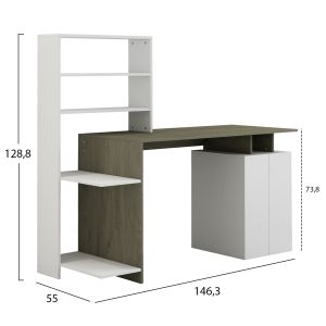 Rochell melamine desk with bookcase in gray-green and white 146.3x55x128.8hcm Hm8886.11