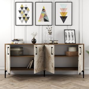 Walnut color melamine buffet with marble design Hm9428.02