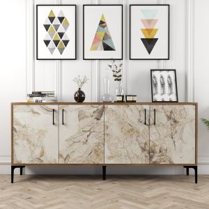 Walnut color melamine buffet with marble design Hm9428.02