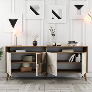 Walnut color melamine buffet with marble design Hm9431.03