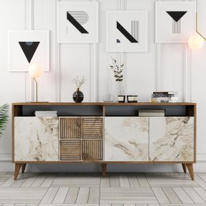 Walnut color melamine buffet with marble design Hm9431.03