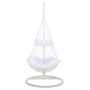 White garden swing hanging Millie metal with suspension - woven synthetic rattan and pillows in white D95x195hcm Hm5996,03