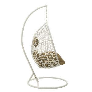 White garden swing, hanging on a metal base, with beige cushions