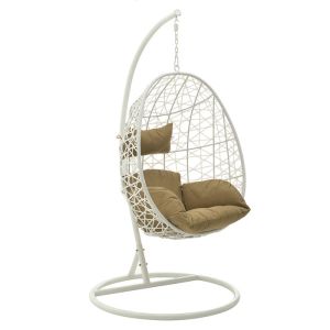 White garden swing, hanging on a metal base, with beige cushions